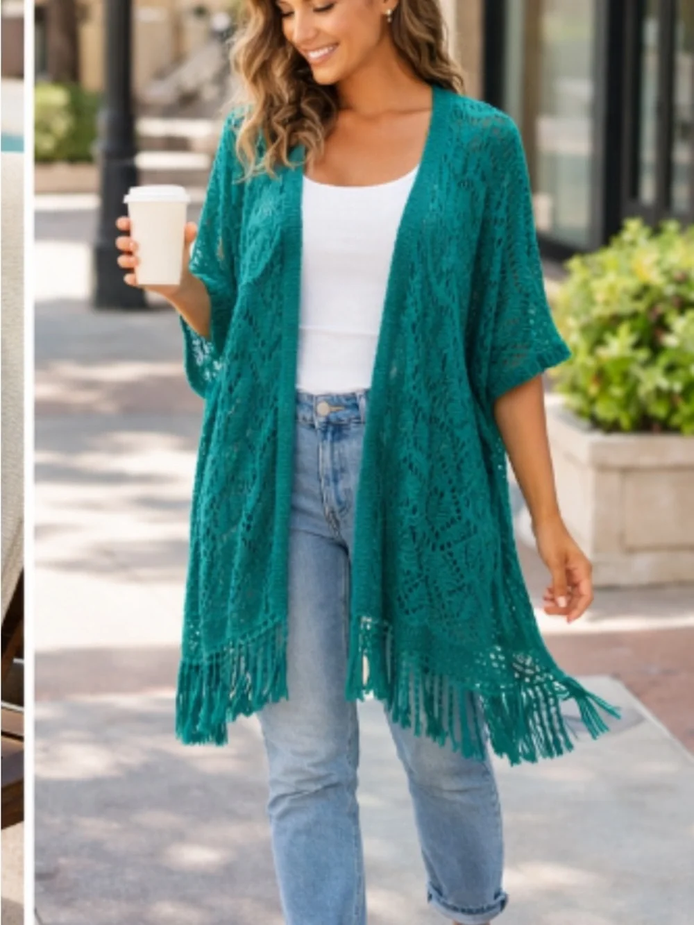 Teal Crochet Kimono Cardigan Fringe Beach Coverup– Sz Medium